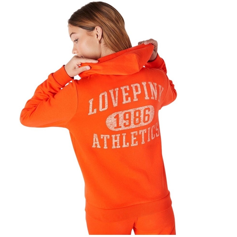 PINK‎ Victoria's Secret LovePink 1986 Athletics Cropped Fleece Hoodie Orange M